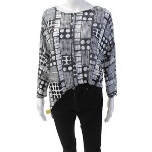 Shana Womens Geometric Sheer Asymmetric Hem Long Sleeve Blouse Black Sz XS